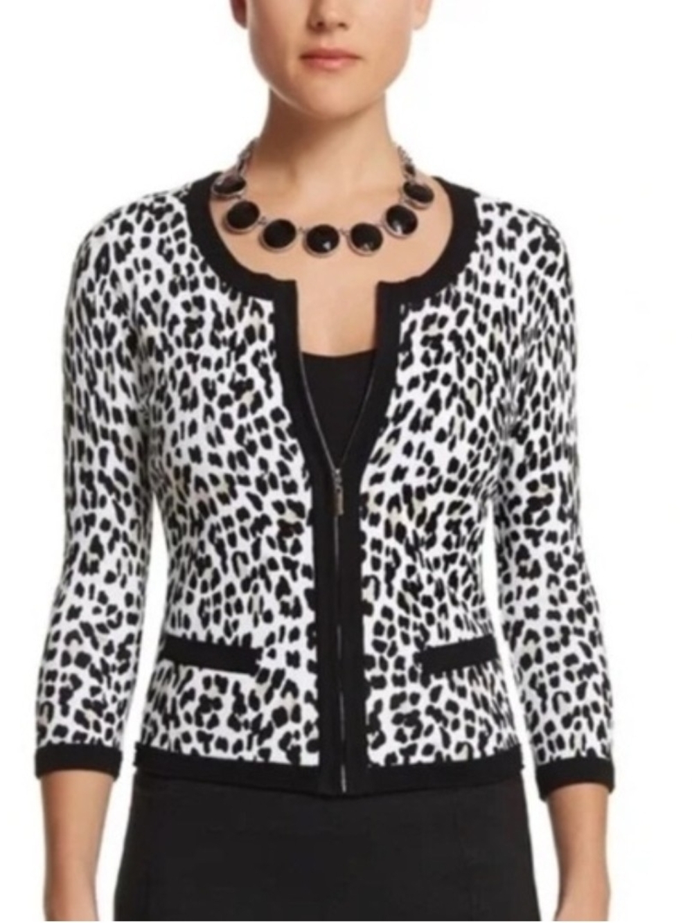 White House Black Market White Cheetah Leopard Full-Zip Cardigan Sweater Lg
